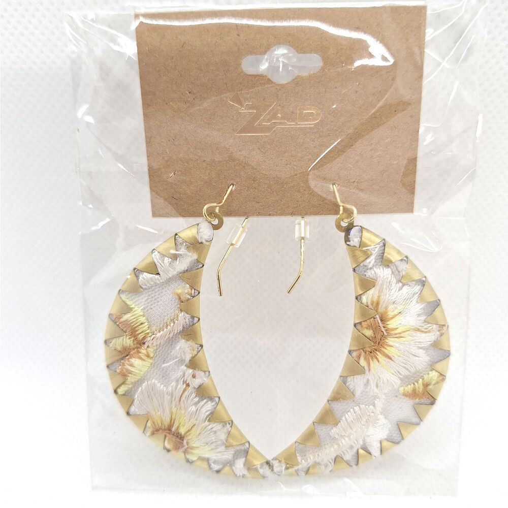 White Embroidered Flower Gold Moon Earrings Fishhook Ear Wires Gold Tone